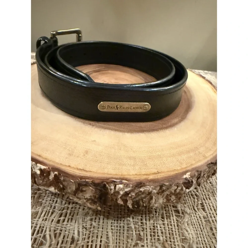 Vintage Polo Ralph Lauren Smooth leather Gold Logo Plate belt black Brass Sz-36